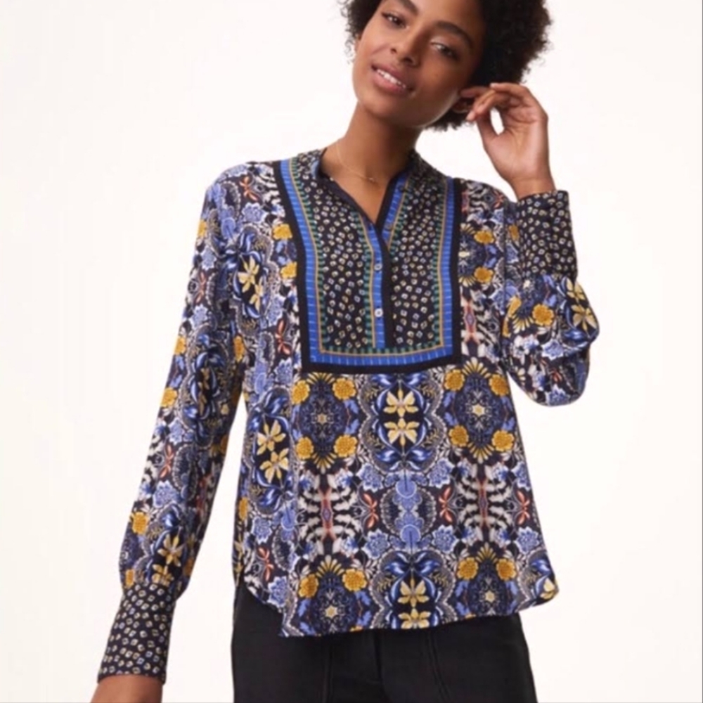 LOFT Women's Blue Autumn Dream Henley Peasant Blouse Petite Small